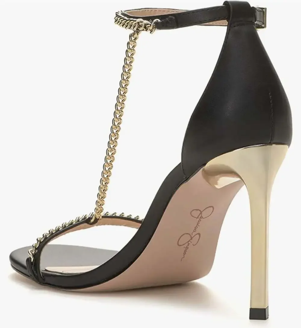 Jessica Simpson Qiven Chain T-Strap Dress Sandals,Black/Gold,9.5 - Picture 7 of 16